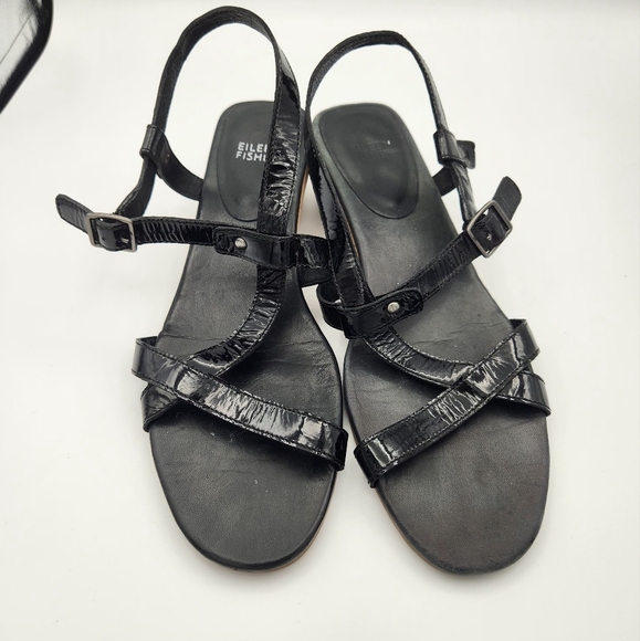 Eileen Fisher Patent Leather Cork Wedge Sandals 9.5 - Picture 1 of 7